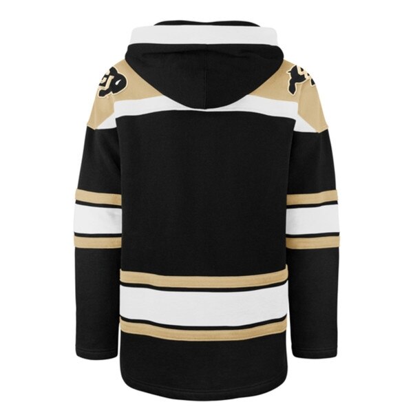 Back view of black CU Buffaloes hockey-style hoodie with white and Vegas Gold shoulder and sleeve stripes
